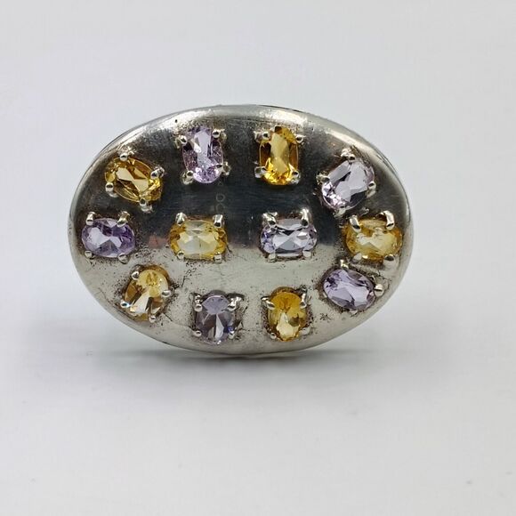 Sterling Silver 925 Amethyst Citrine Statement Oval Shield Shape Ring Sz 8 - Picture 7 of 16